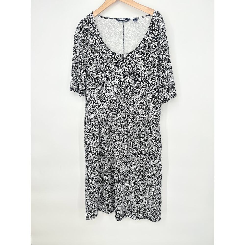 Lands End Knit Knee Length Dress Pockets Black White Paisley Size Medium Casual